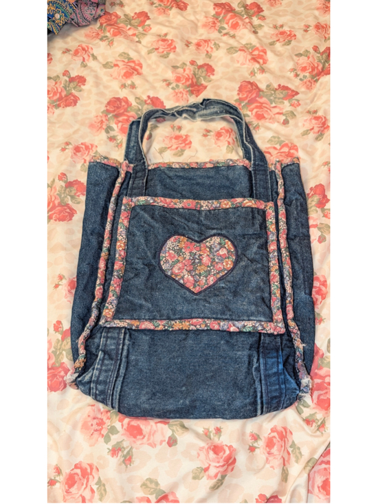 Unbranded Handbags - Unbranded Denim Tote Bag One Size Blue Pink Floral Heart